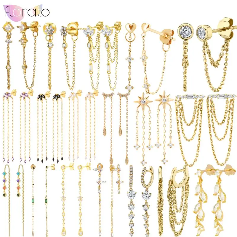 

925 Sterling Silver Needle Crystal Tassel Chains Stud Earrings for Women Exquisite Long Chain Pendant Earrings Wedding Jewelry