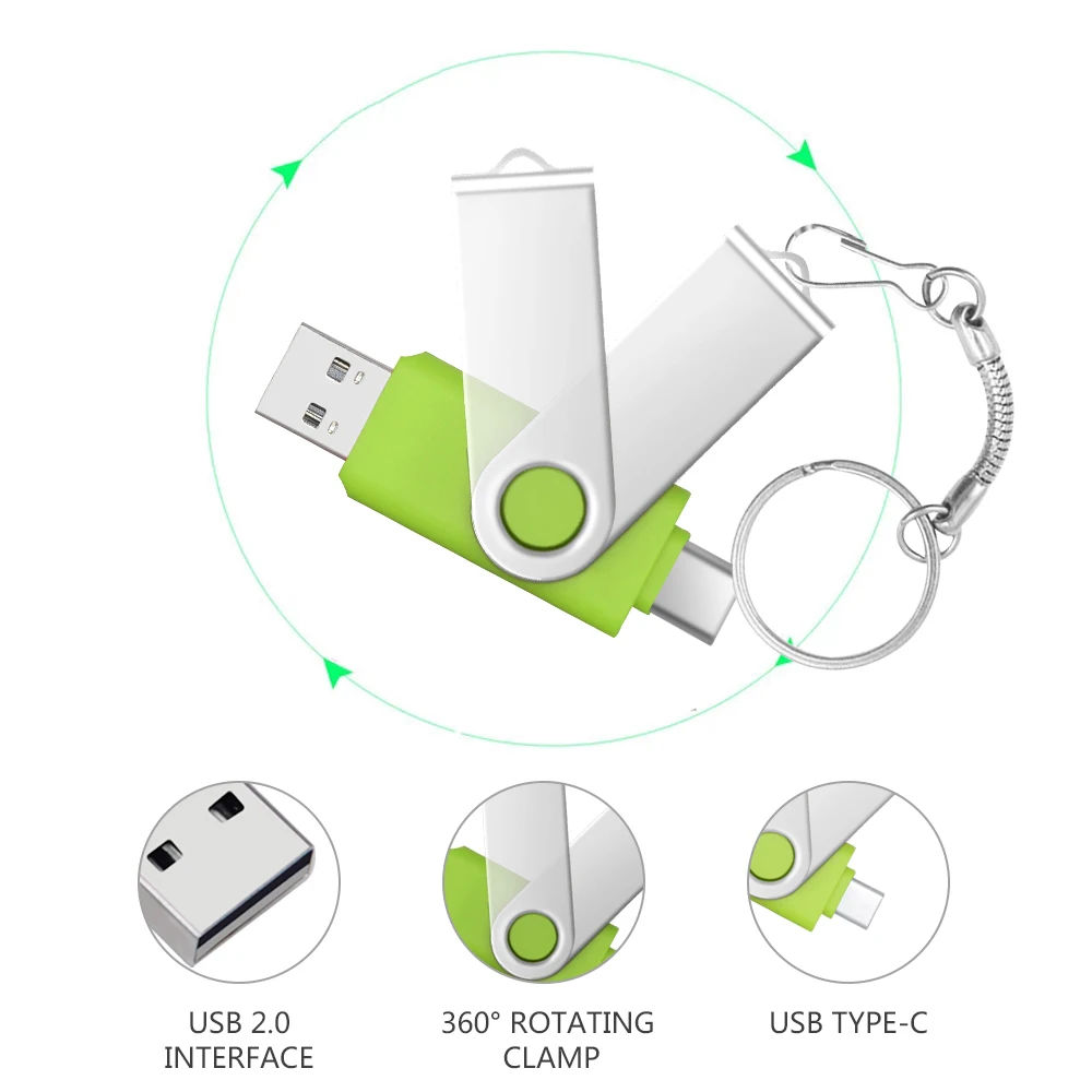 OTG 2 in 1 USB 플래시 드라이브 USB 2.0 및 Type-C 128GB 64GB 32GB 16GB 외부 데이터 저장 메모리 스틱 PC/노트북 용 엄지 드라이브