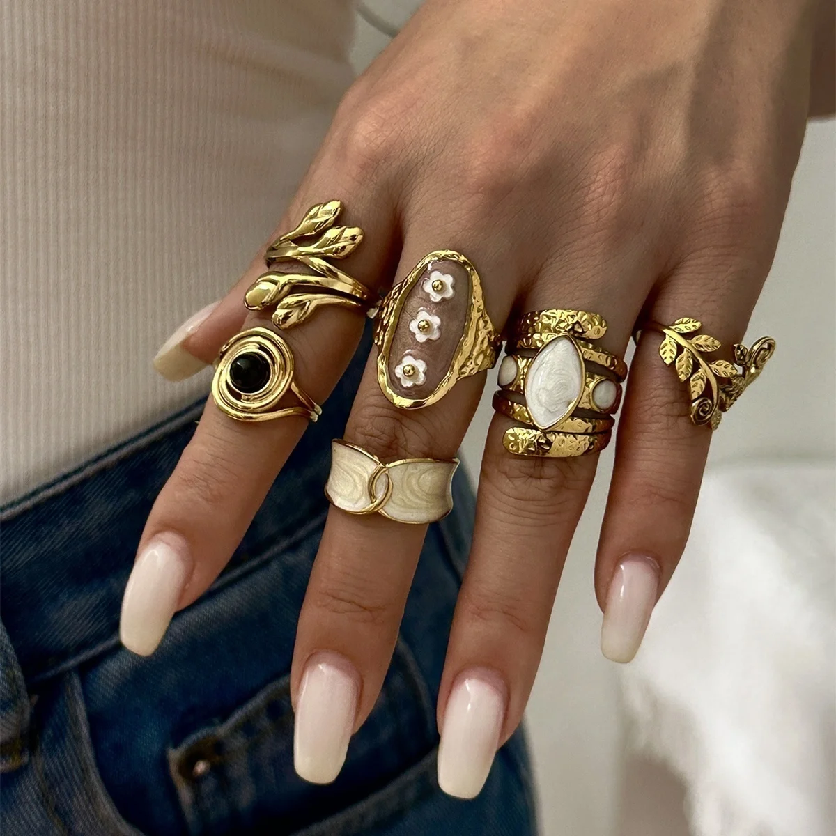 Vintage-Ringe mit Blumen-, Ranken- und Blattmotiven, spiralförmig gewickelt, mit Schlangenmuster, für Damen und Herren, aus Edelstahl, geometrische Ringe, Schmuck. – Detail 7
