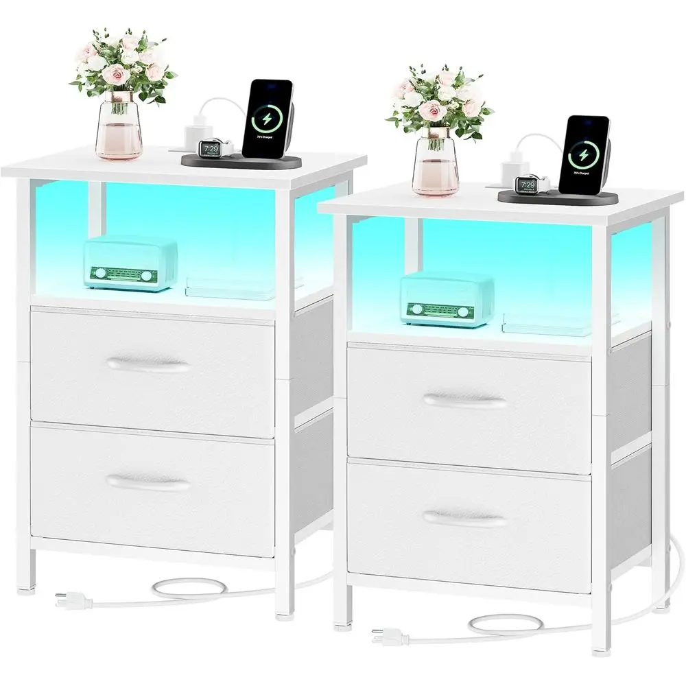 

Pair of 24.2 White Bedside Tables with LED Lights, Fabric Drawers, and Charging Station