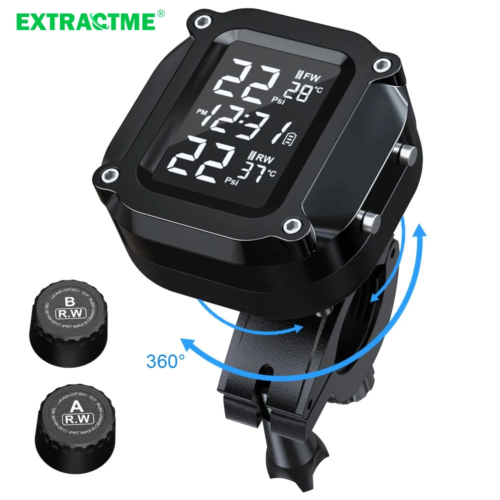 Extractme Motorcycle Alarm Tire Pressure Monitoring Tire Temperature Alarm System LCD Display Magnetic Charge Waterproof Sensor