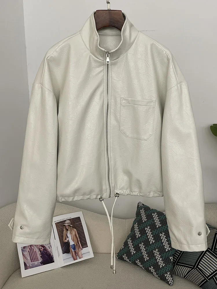 Dames elegante losse ritszak wijnrood PU straatjassen kleding 2025, dames vintage basic zwart kunstleer korte jassen