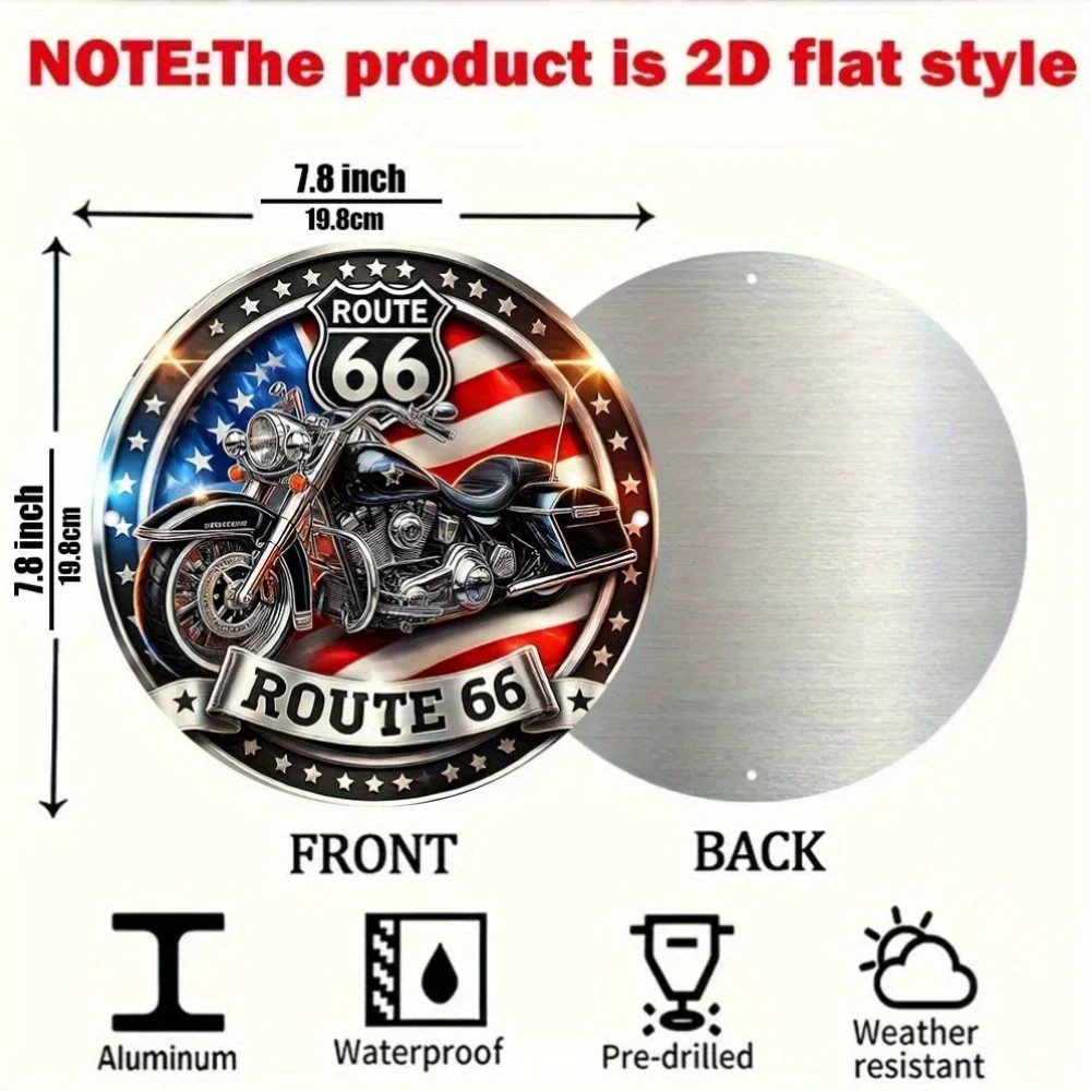 2D Flat, Vintage Route 66 Motorcycle Metal Sticker,20x20cm - Retro American Flag Design, Aluminum Wall Art, Suitable for Home,