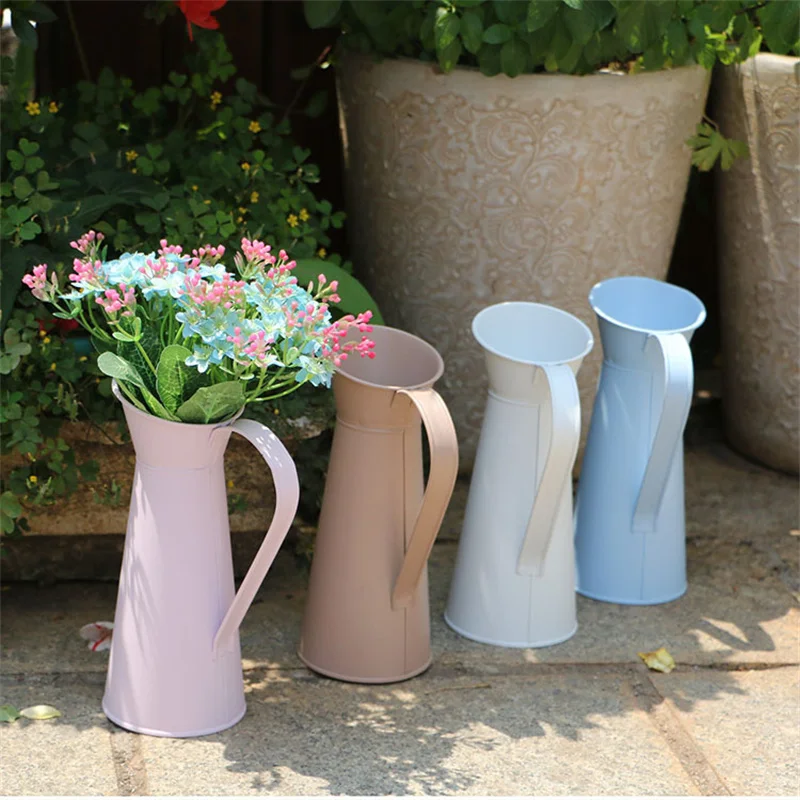 1PC 20cm Vintage Shabby Chic Cream Flower Vase Pitcher Jug Metal Coffee Pot Shaped Flower Vase Tin Home Decor Vases