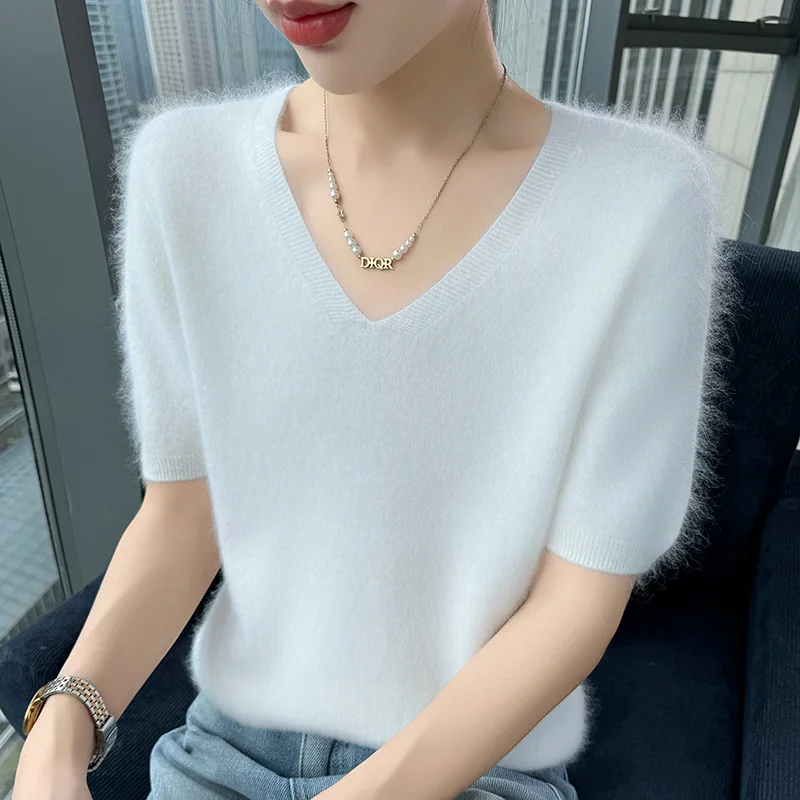 

Вязаный женский норковый кашемировый круглый свитер с v-образным вырезом и короткими рукавами, универсальная футболка, шерстяной свитер, теплый вязаный базовый свитер