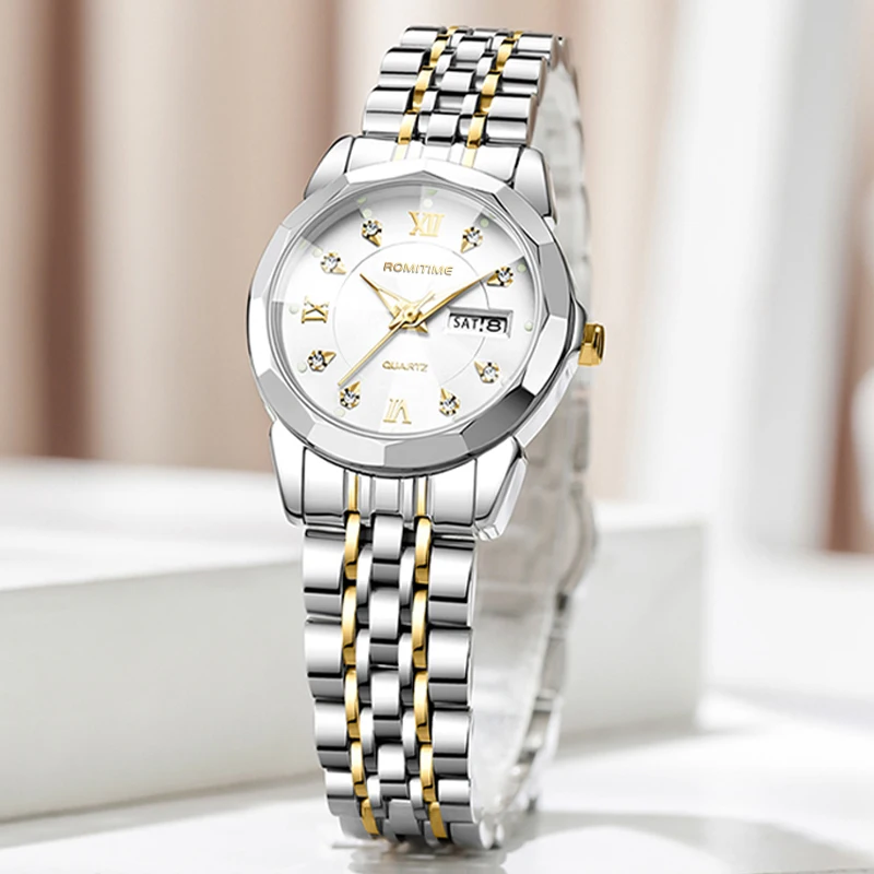 ROMITIME Luxury Women Quartz Watch Alloy Faceted Case Dual-Calendar Display Leisure 30M Waterproof Luminous Lady Clock Watches