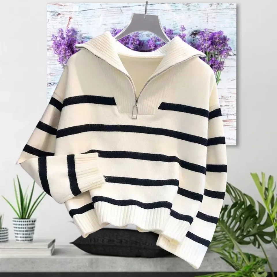 Zipper Striped Sweater Kintted Women Crochet Pullovers Streetwear Spring Autumn Winter Sweet Jumper Y2k Top Jumper Streetwear