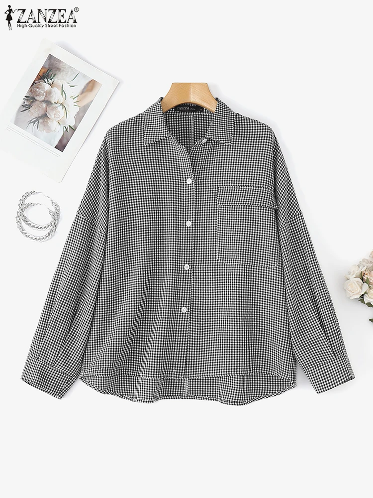 

Плюс размер 5XL ZANZEA 2025 г., модная женская клетчатая блузка, рубашки с длинными рукавами, туника, топы, осенние карманы, повседневные свободные винтажные блузки