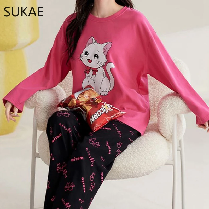 SUKAE Cute Cartoon Loungewear Women Autumn Spring Woman Pajama Set Homesuit Mujer Sleepwear Pullover Long Sleeves Girl Nightwear