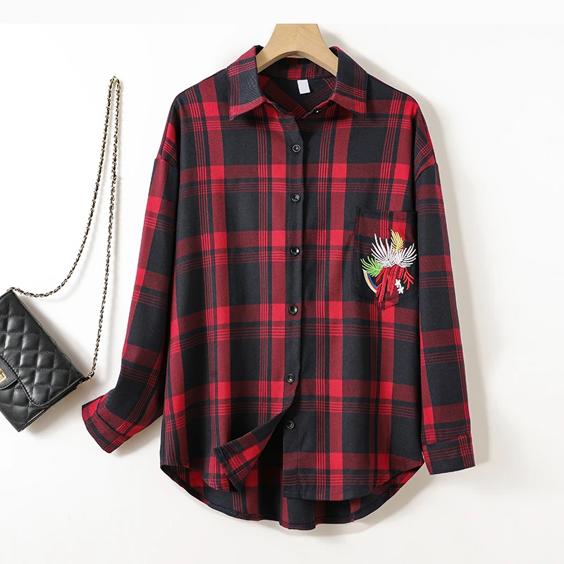 Loose Women's Plaid Long Sve irt Embroidered Mid-Length Korean Sle Spring Coat Versatile Young-looking Cotton Blend