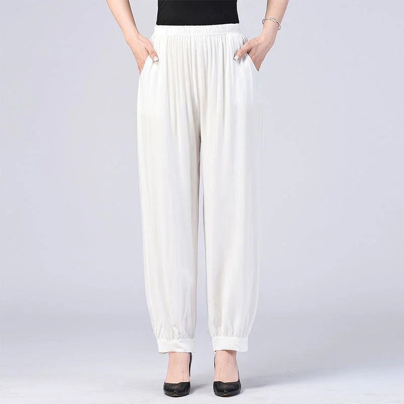 Women's Summer New High Waist Elastic Wide Leg Pants Fashionable Solid Pockets Soft Mosquito Proof Loose Versatile Lantern Pants