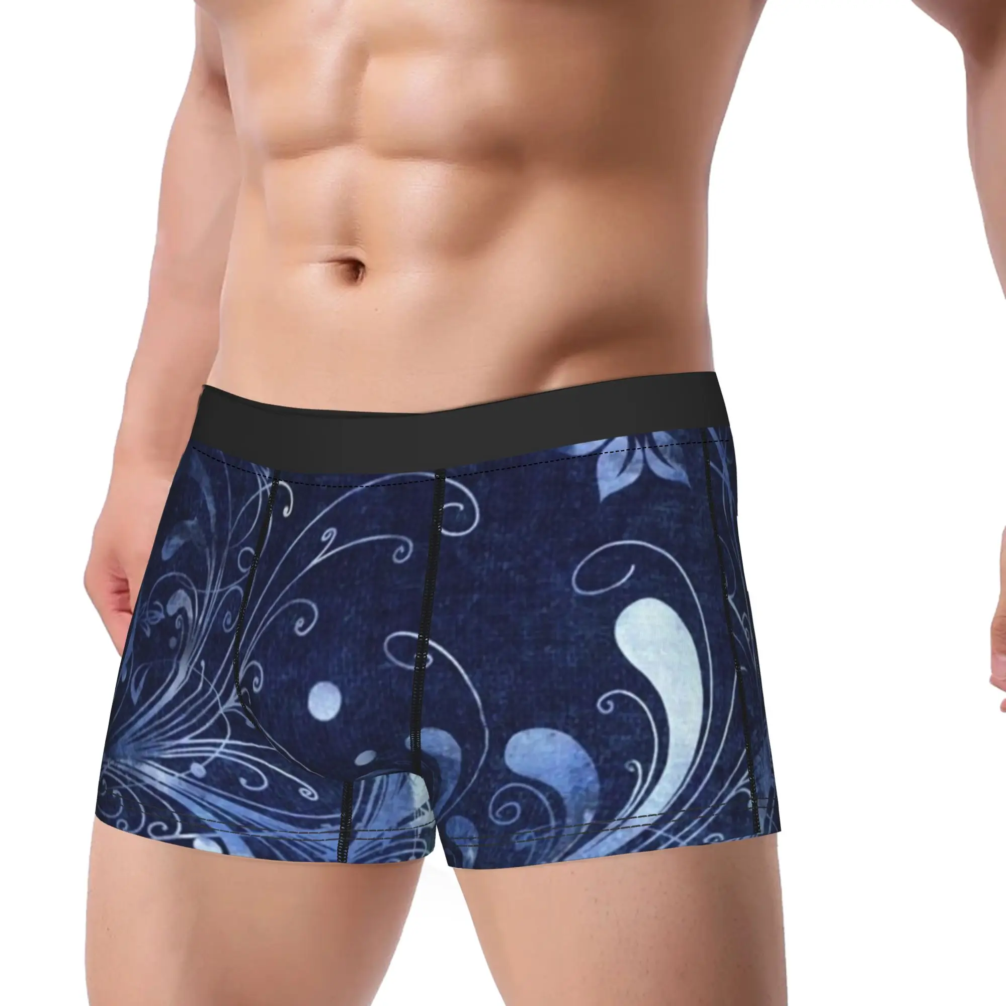 Navy Blue White Floral Swirl Pattern  Underpants Homme Panties Man Underwear Comfortable Shorts Boxer Briefs