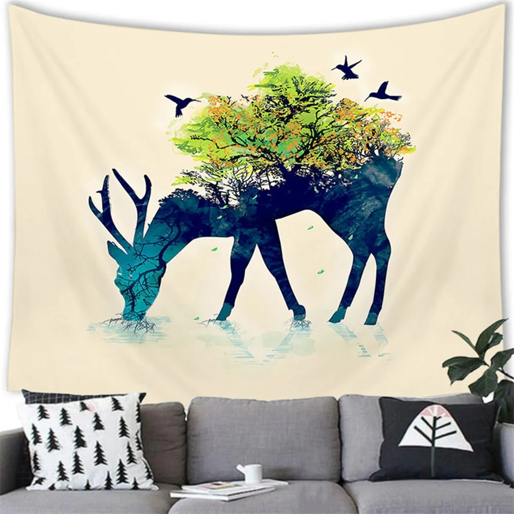 Vintage Deer Animal Tapestry Wall Hanging Beautiful Scenery Cartoon Animal Reindeer Tapestries Bedroom Living Room Dorm Decor