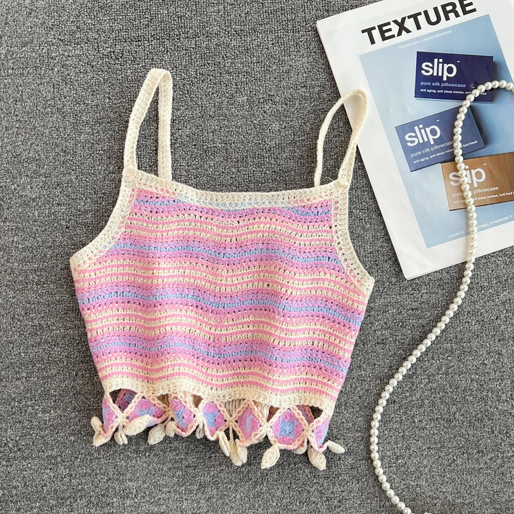 Women Summer Hollow Out Crochet Crop Female Knit Striped Tassels Boho Camisole Ladies Sleeveless See-Through Tank Tops Dropship