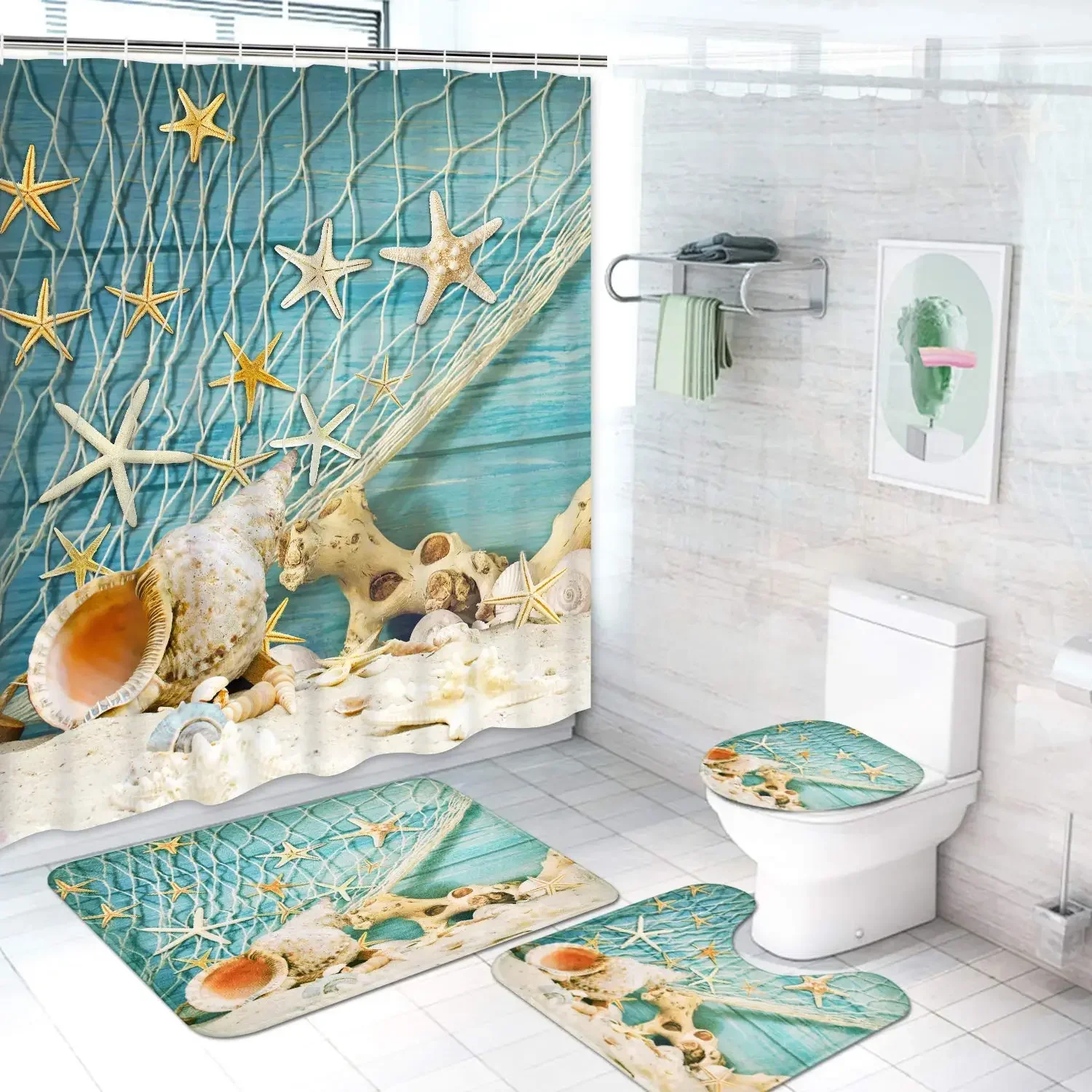 High Quality Polyester Fabric Shower Curtain Beach Shell Starfish Bathroom  Anti-skid Rugs Toilet Lid Cover Bath Mat 4pcs