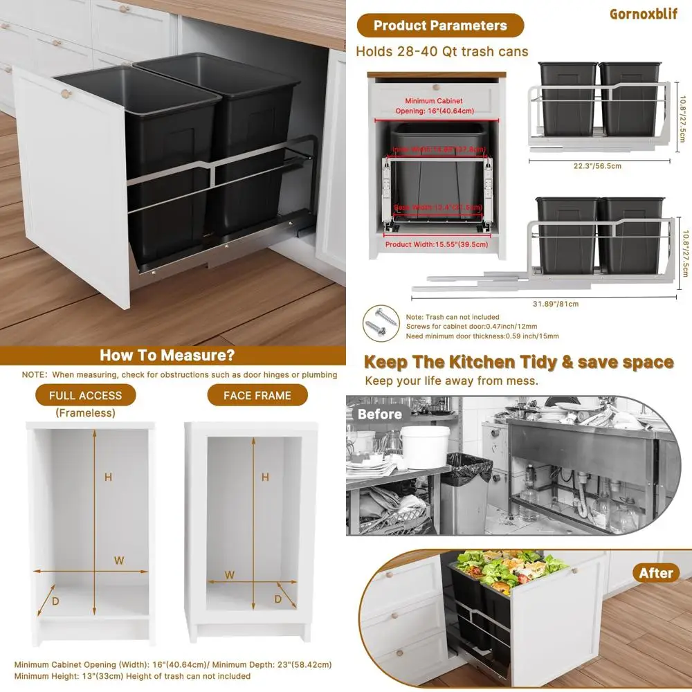 

Heavy-Duty Dual Pull Out Trash Can with Soft-Close Slides for Kitchen and Garage, Up to 130 LB Capacity