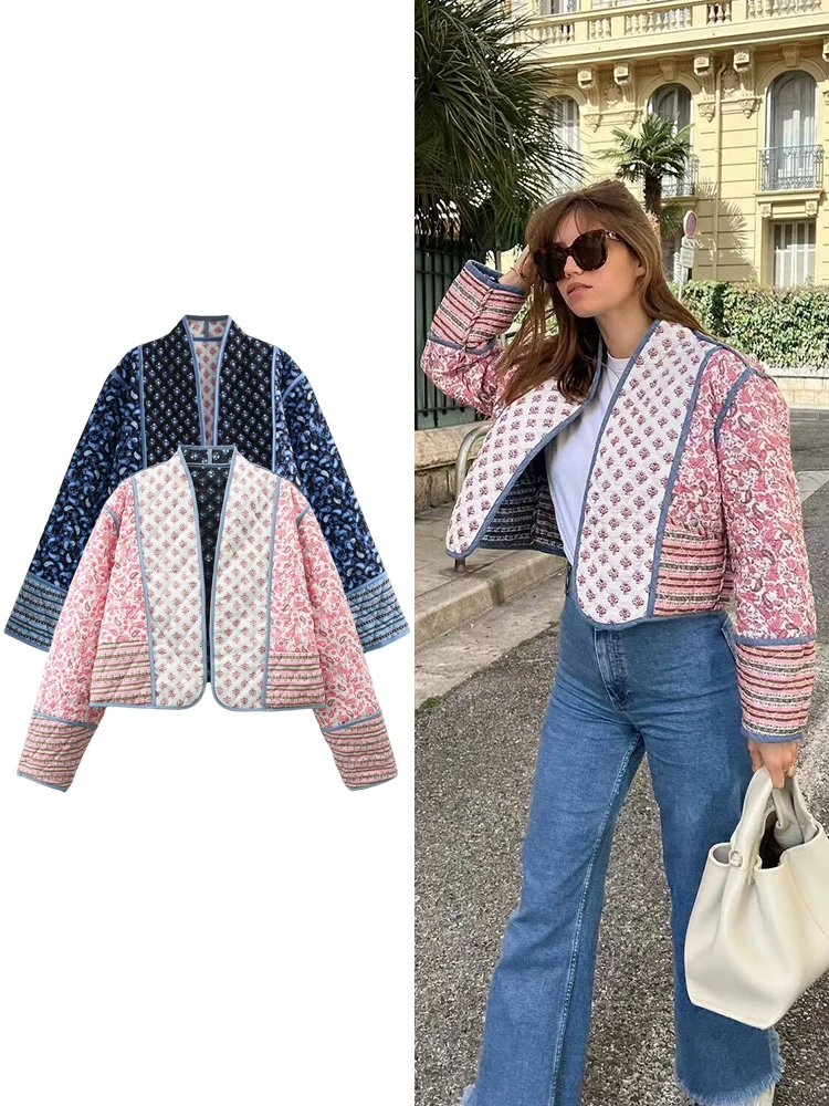 

TRAF Women's Reversible Cotton Jacket Street Retro Design Printed Short Lapel Jacket Temperament Elegant Women's Clothing