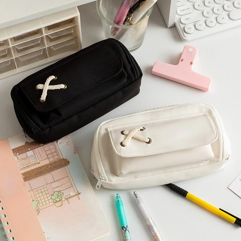 Large Capacity Simplicity Solid Color Pen Bag Zipper Design Pencil Case Portable Stationery Organizer Student