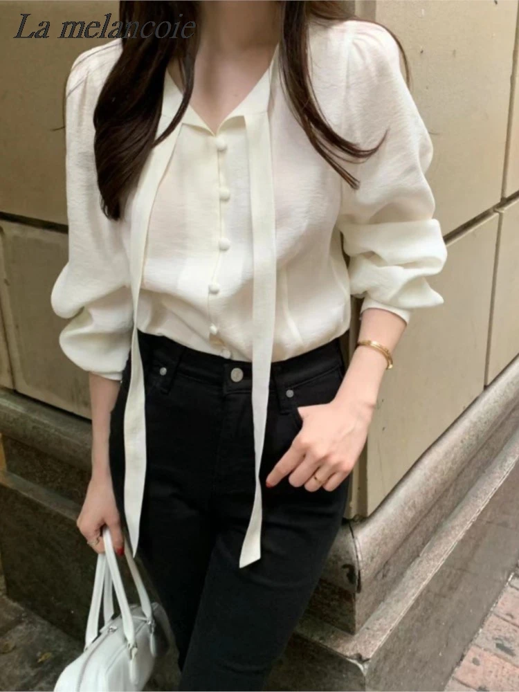 

Spring 2024 Fashion Korean Blouses Women Button Up V-neck Tie Shirts Bubble Sleeve Casual Loose Blouse Micro Transparent Tops