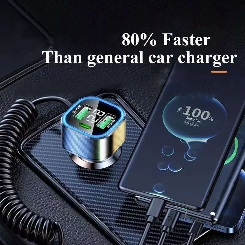 UYUXIO Multi Port USB C Car Phone Charger Adapter with Spring Cable Voltage Display Super Fast Charge for iPhone iPad Samsung