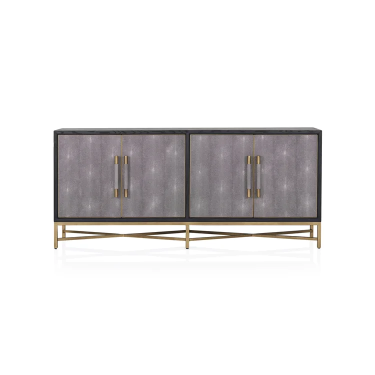 Contemporary luxury 4 doors gold base faux shagreen leather sideboard