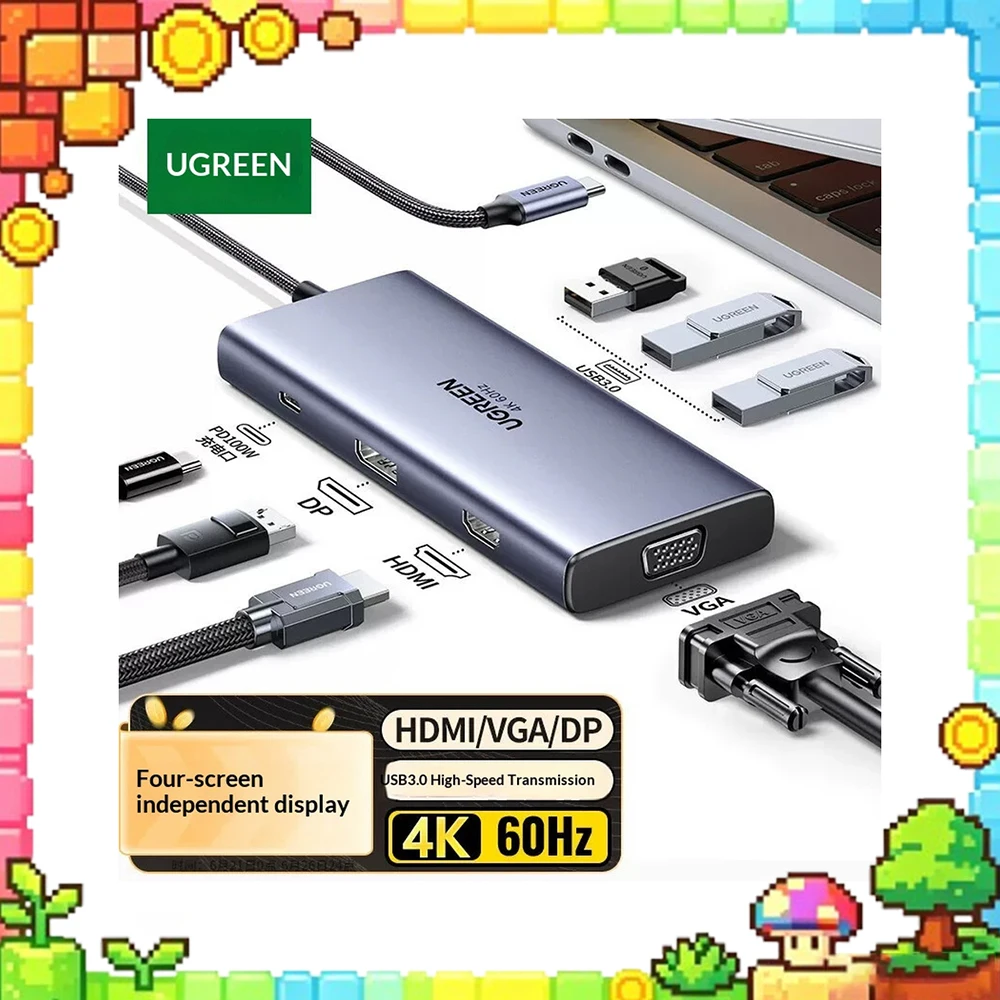 UGREEN 15770 USB C Docking Station Quad Display DP HDMI VGA 4K 60Hz Thunderbolt 4 Multiport Hub Adapter for Laptop Monitors.