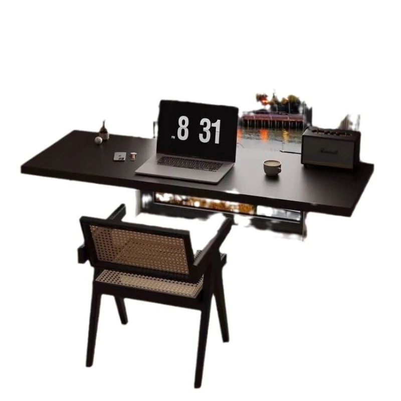 

Black all-solid wood acrylic suspension study desk, desktop computer double office wabi-sabi wind e-sports table