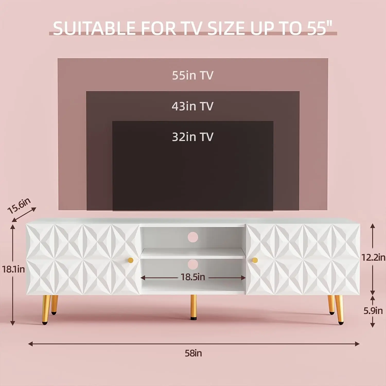 Modern TV Stand Console with Adjustable Shelf & Storage Cabinets for Living Room, White & Gold Diamond Pattern, Customized