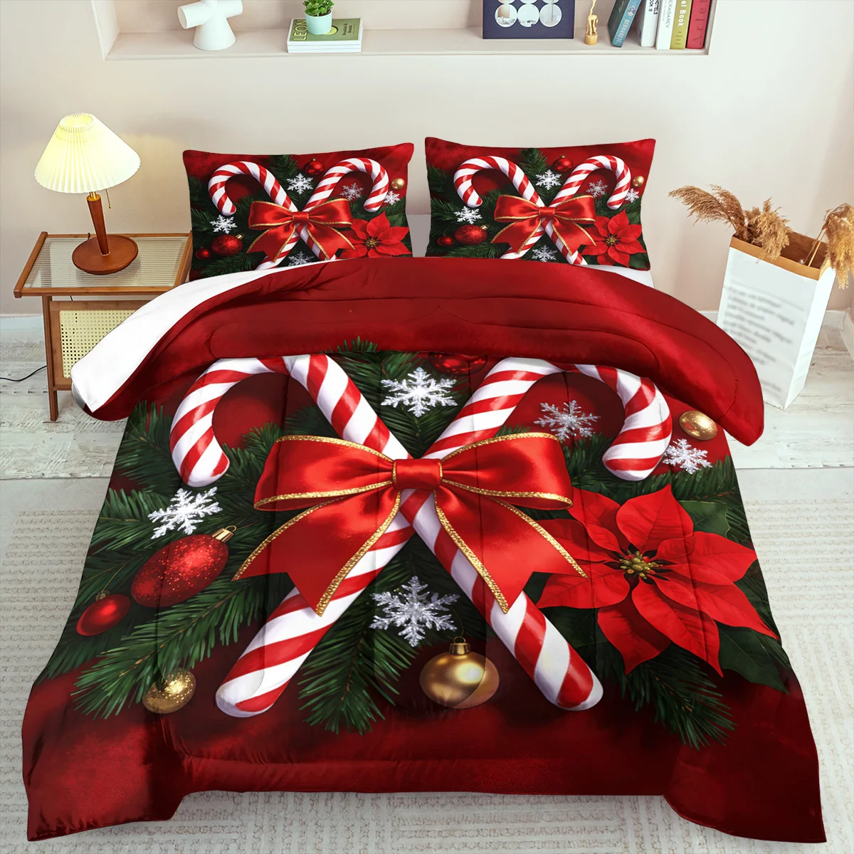 Christmas Duvet Cover Set Christmas Candy Cane Red Bowknot Potted Plant Set Animal Theme Room Decoration Machine Washable 100% Polyester Duvet Cover Ultra Soft Brushed Bedding for Bedroom Hotel Dormitory