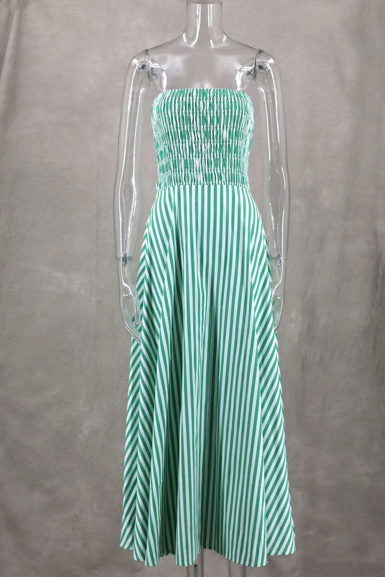 2024 New Green Stripes Maxi Dress Women Tube Long Beach Dress Off Shoulder Backless Casual Fashion Summer Bust Elastic Dresses