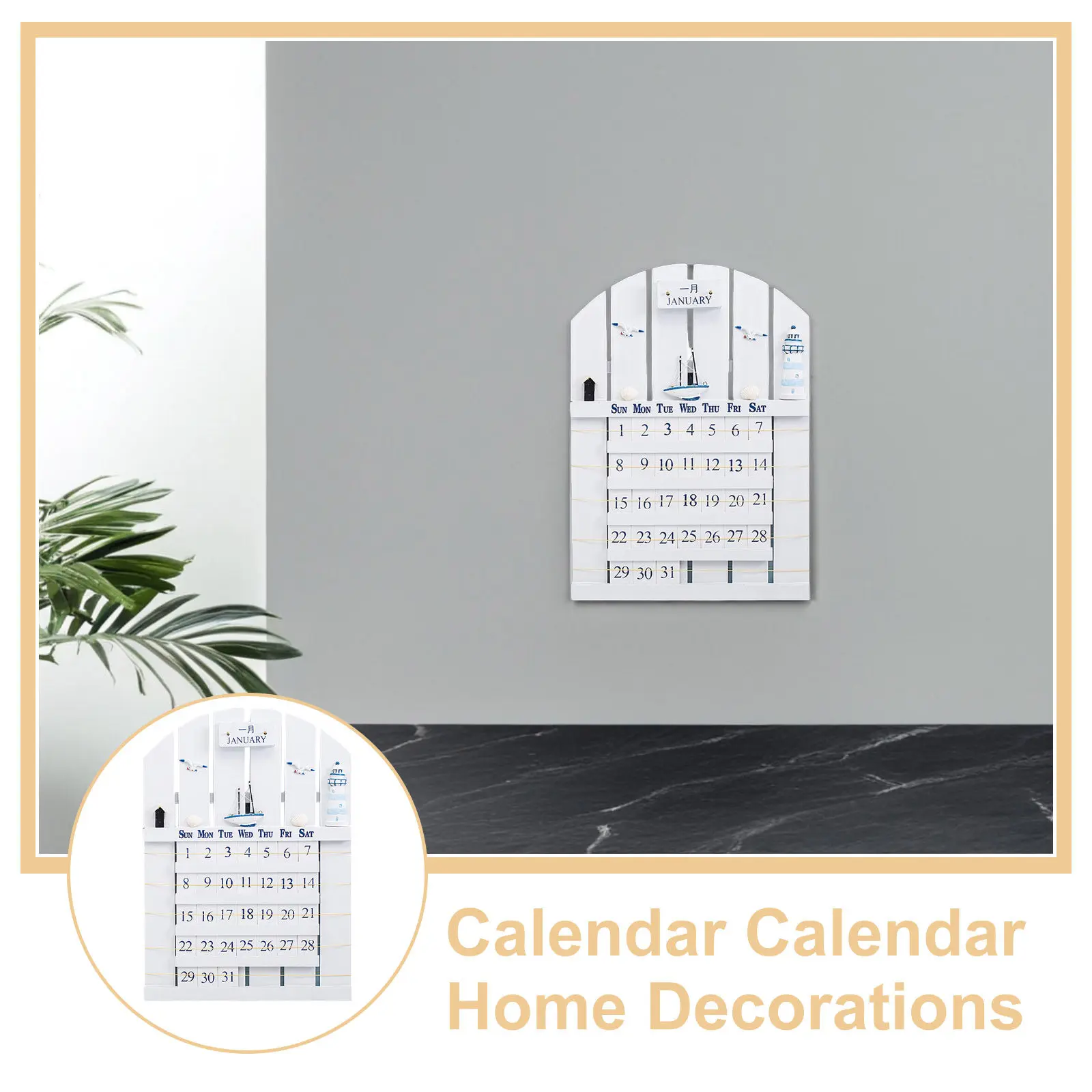 1Pcs Mediterranean Style Wooden Wall Calendar Perpetual Decorative Calendar for Home Office Bedroom Study Adornment