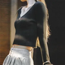 Maden Women’s Knitted Sweater 100% Cotton V-neck Slim Fit Long Sleeve T-shirts Short Solid Color Casual Korea Fashion Tops