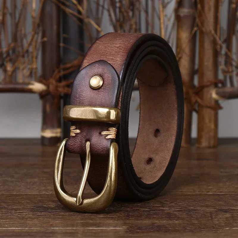 3.3cm Fashion Genuine Leather Pin Buckle Men\'s Belt Retro Korean Pure Cowhide Jeans Belts for Women Luxury Designer Cowboy