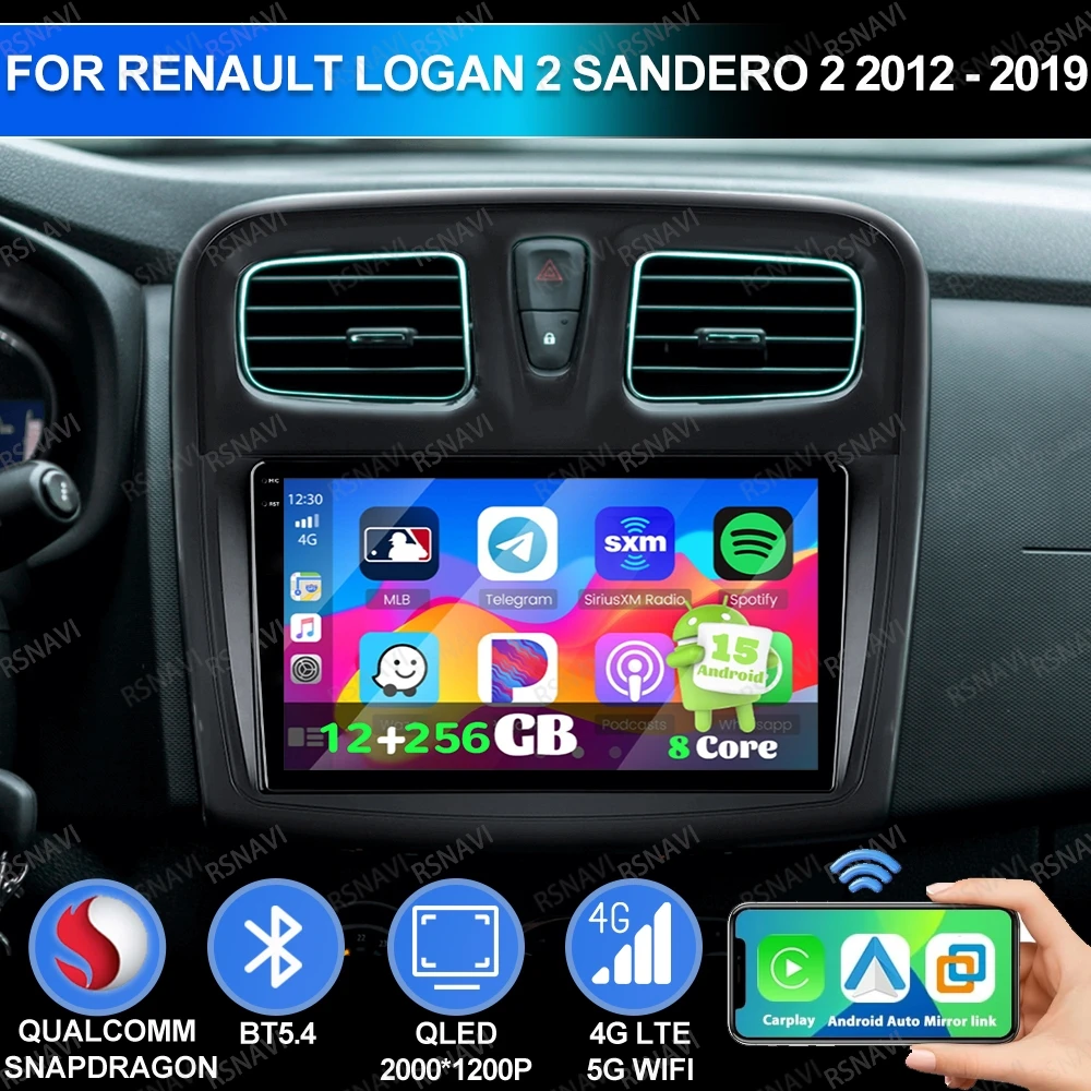 Android 15 For Renault Logan 2 Sandero 2 2012 - 2019 AUTO Navigation Car Radio 4G LTE 5G WIFI Qualcomm Head Unit BT GPS Stereo