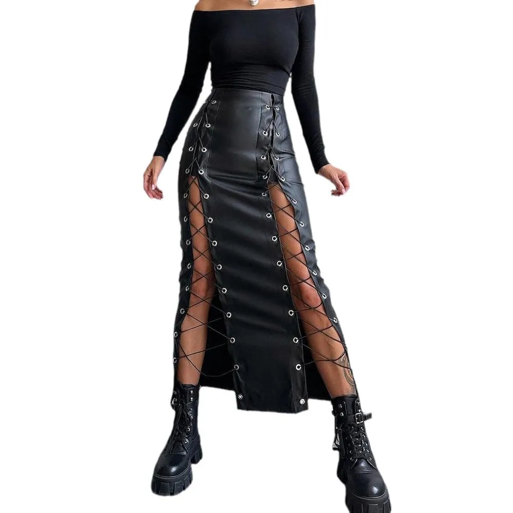 

Spring 2025 Women's PU Leather Sexy Color Slit Belted Bodycon Skirt Slimming f Skirt Cross-Border Faion