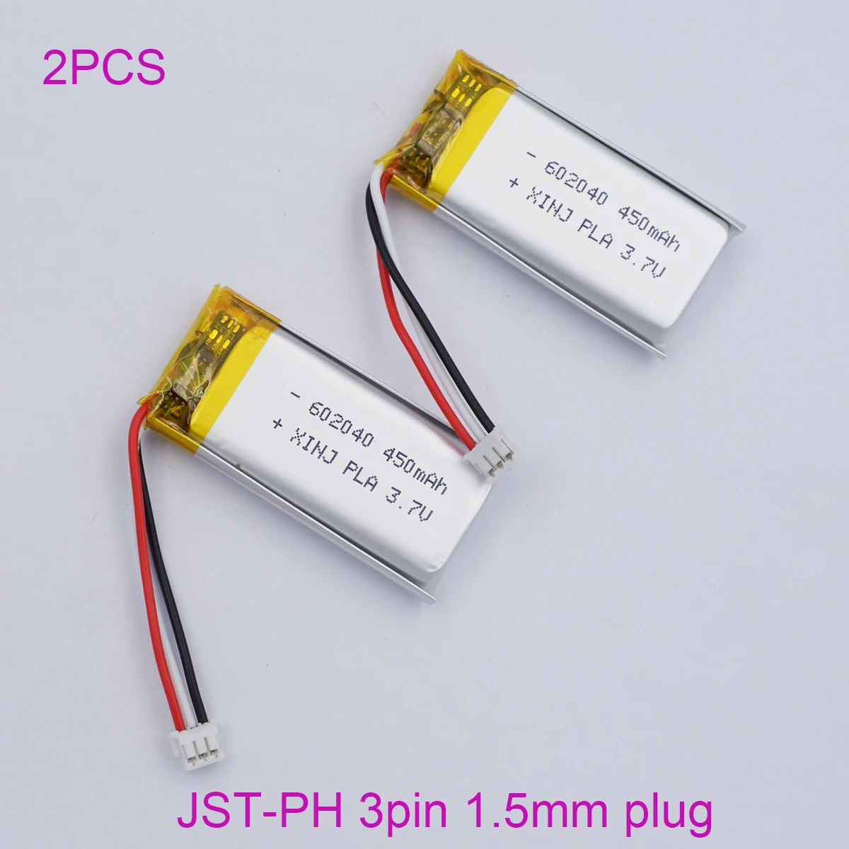 2pcs 3.7V 450mAh 602040 JST 3Pin 1.5mm Connector Polymer LiPo Rechargeable Battery  For GPS Driving Recorder Bluetooth Speaker