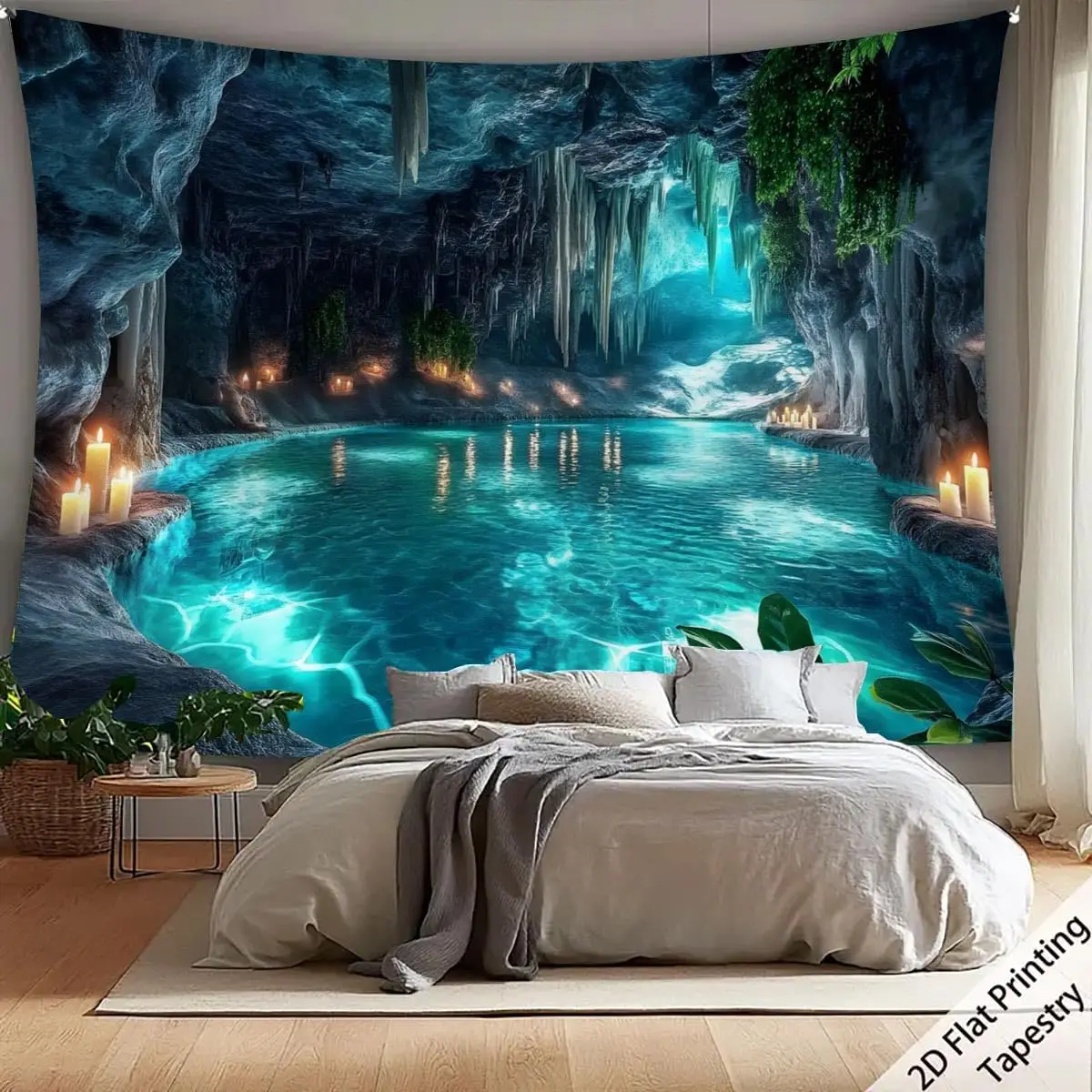 Natur-Karst-Höhlen-Wasserfall-Wandteppich, Sonnenschein-Wunderland-Höhle, himmelblaue Wasserlandschaft, Wandbehang, Hintergrund für Heimdekoration