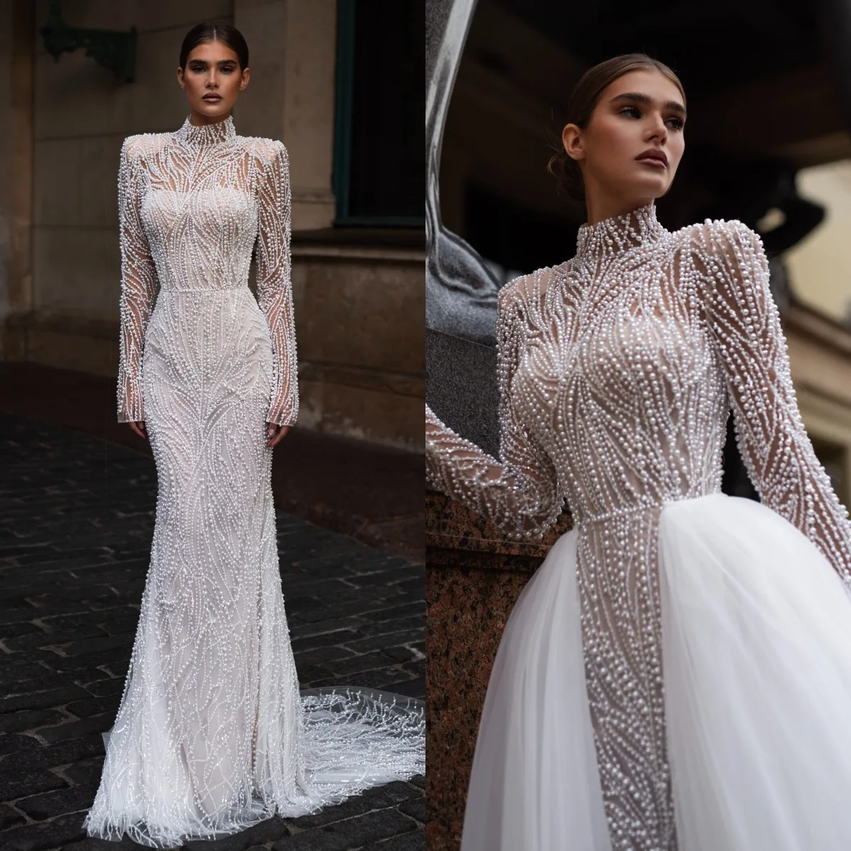 Elegant Pearls Mermaid Wedding Dress High Neck Bridal Gown Overskirts Beading Long Sleeves Bride Dresses Slim Fit Customized