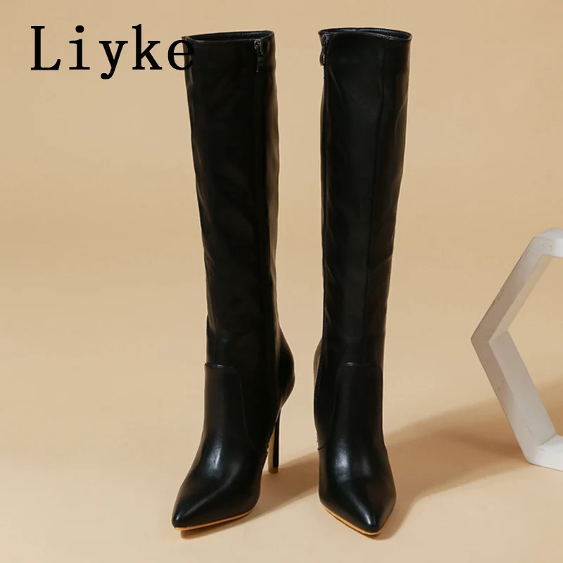 Liyke 2024 Sexy Pointed Toe Pole Dance Stiletto Heels Knee High Boots Fashion Zip Black White Women Long Shoes Botas Altas Mujer