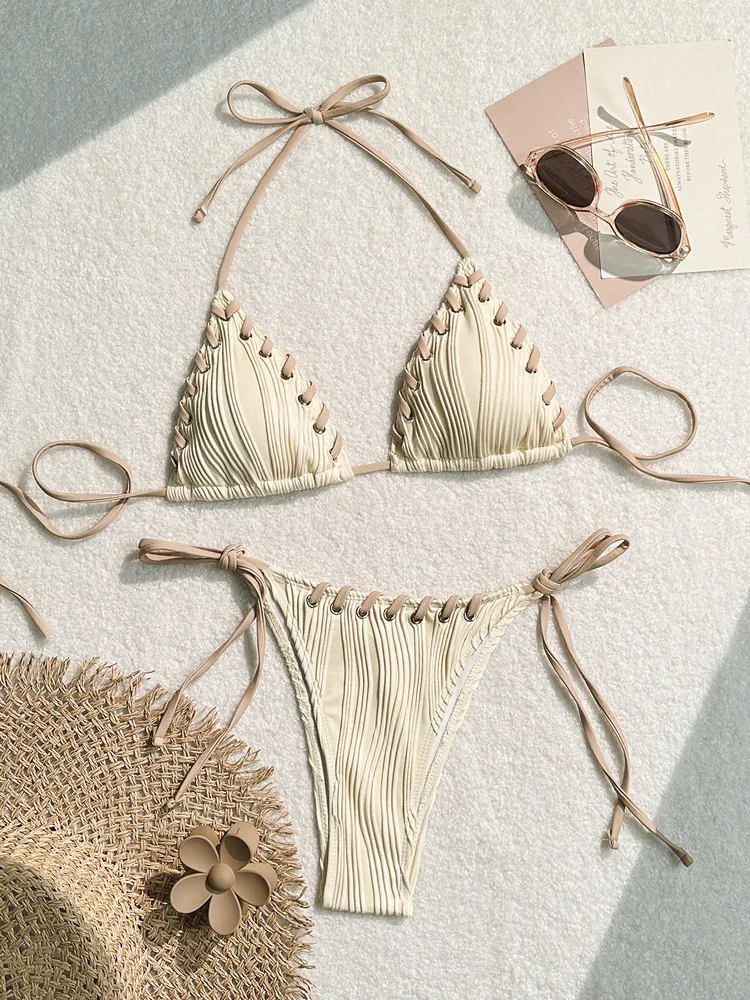 

2026 Summer Women New Sexy Solid Color Bikini Set Elegant Sweet Beach Vacation Swimsuit