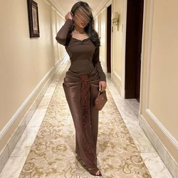 Vestidos de Noche con cuello en V, Jersey plisado Simple marrón personalizado, vestidos de desfile hasta el tobillo con mangas completas y lentejuelas cuadradas