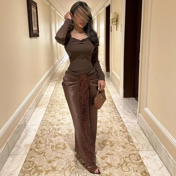 ที่กําหนดเองสีน้ําตาล Simple Pleat JERSEY V คอชุดราตรีสแควร์ Sequined Sheath แขนยาวข้อเท้าความยาวประกวด Gowns