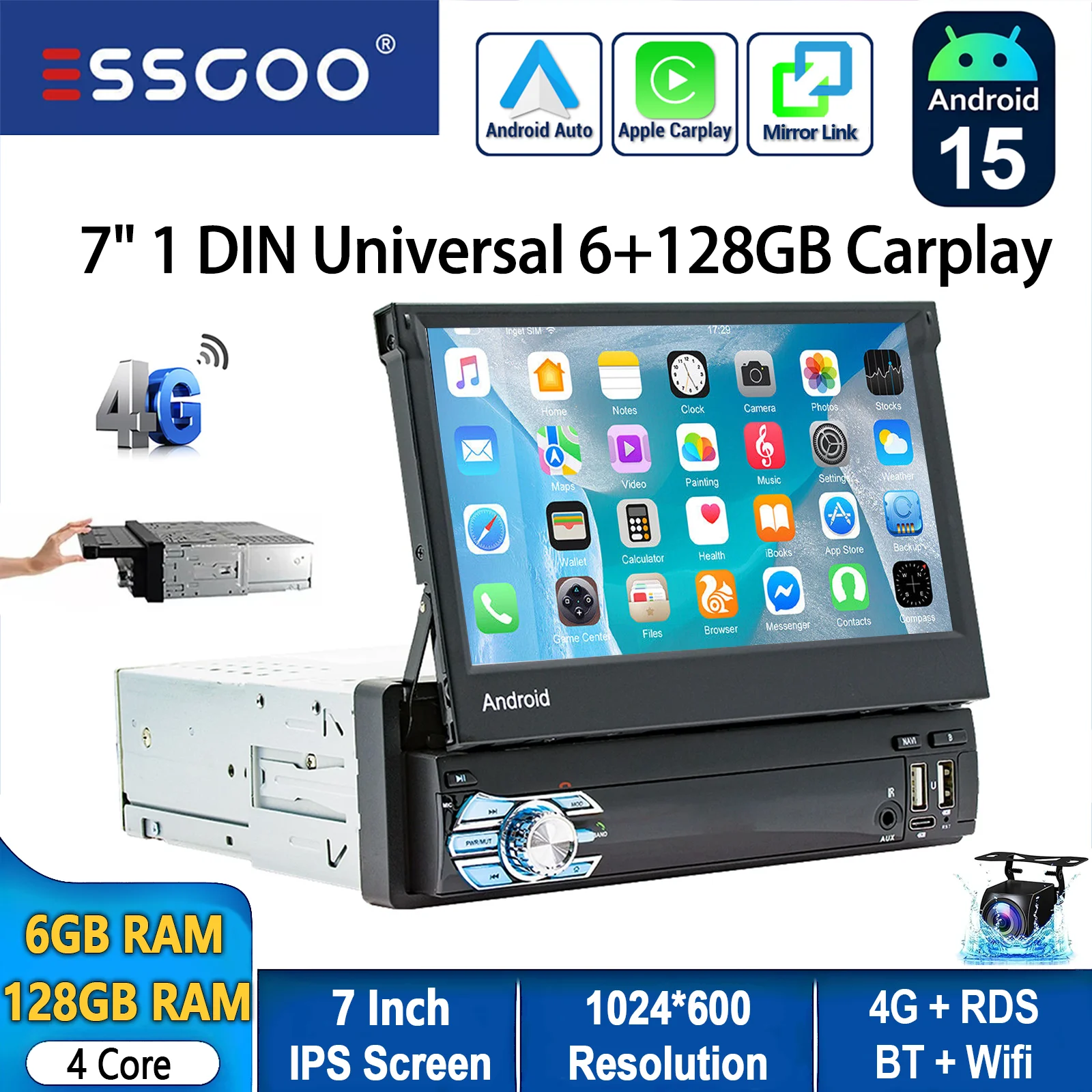 Autoradio ESSGOO Android 15 7 Inch 6+128G 1 DIN 8 Kern Uitklapbaar Touchscreen Draadloze CarPlay Android Auto GPS Navigatie WIFI RDS Bluetooth Stuurwielbediening 4G FM USB Type-C AUX