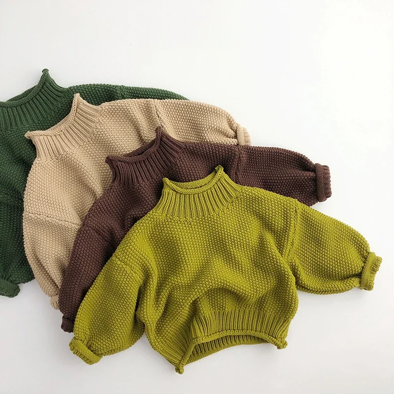 

2024 Winter Kids Sweater Vintage Boys Knitwear Solid Turtleneck Girls Sweaters E3637
