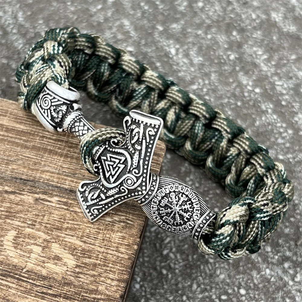 Thor Hammer Mjolnir Runes Teiwaz Algiz Amulet Jewelry Norse Viking Accessories Paracord Rope Bracelets For Men Women Bangles