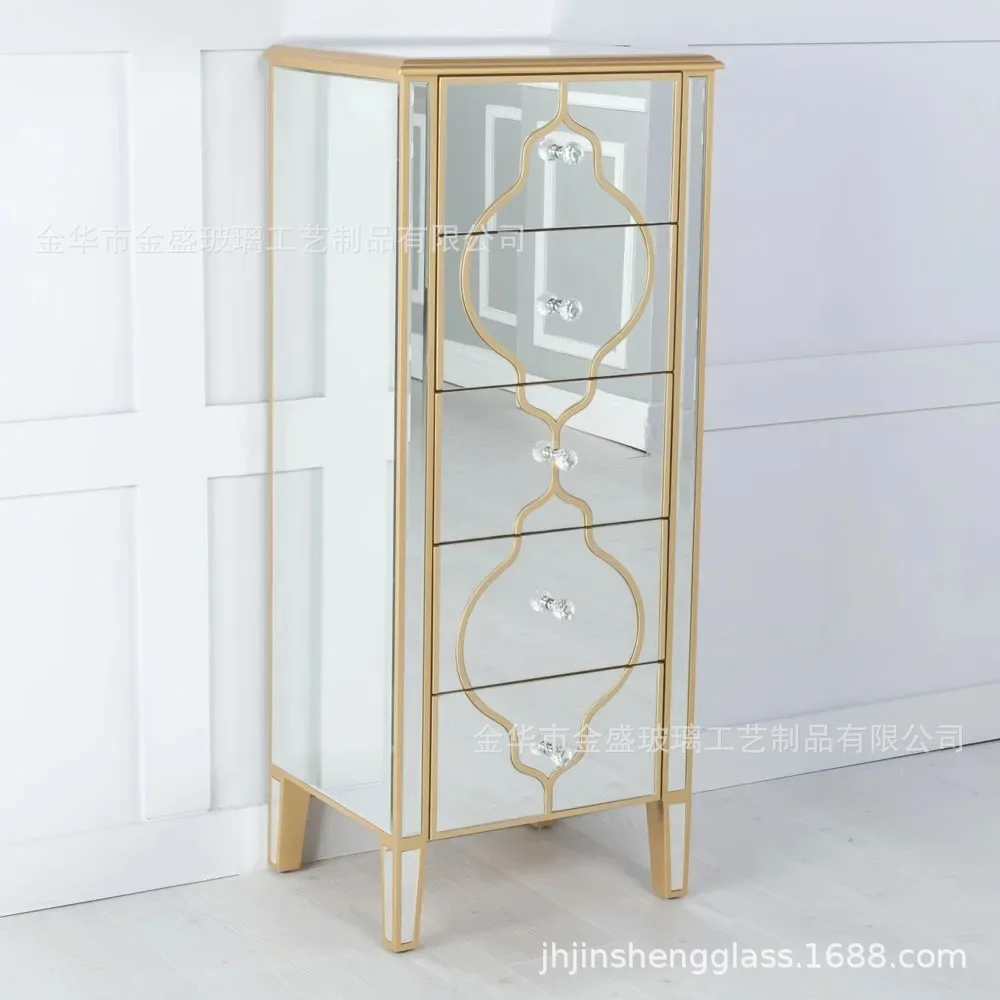 Mirror Furniture Silver Mirror 5 Drawer Narrow Cabinet, Gold Trim - Tall Cabinet