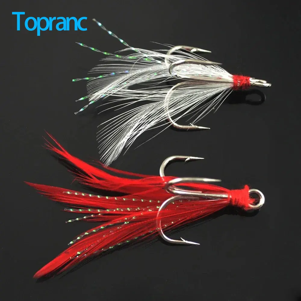 Anzuelos triples Topranc con plumas, anzuelos con púas y cola reflectante para reemplazo de señuelos y pesca.