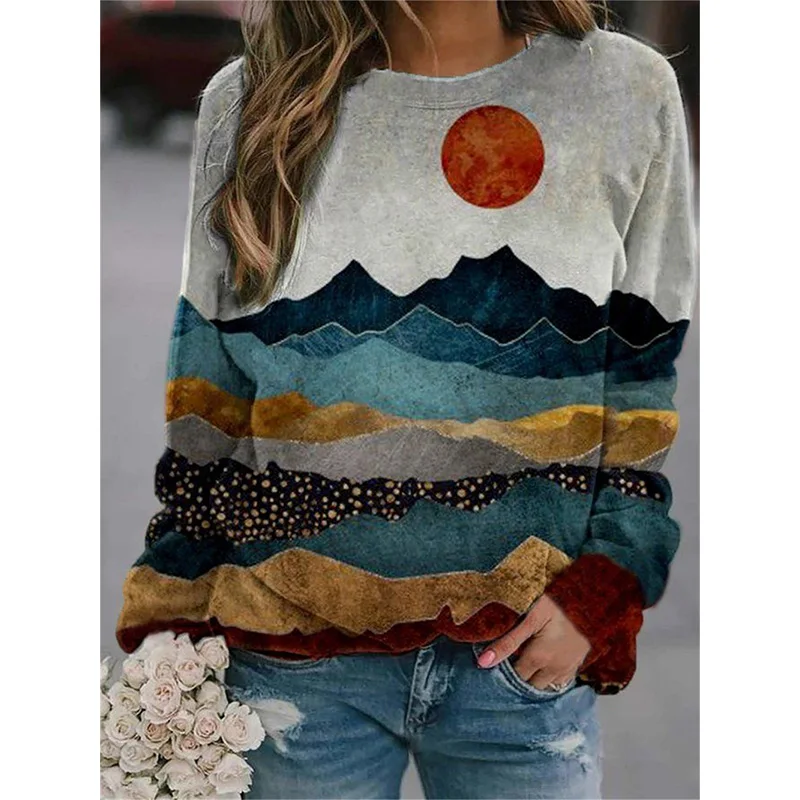 Autumn Ink Landscape Painting Hoodies 3D Print Sweatshirts Woman Long Sleeve Y2k Hoodie Streetwear Pullovers Tops Women Clothes