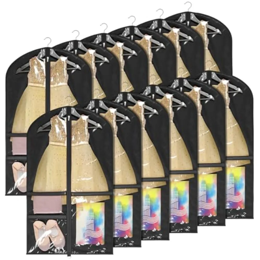 

40 Inch Dance Costume Garment Bag for Dance Competition with 3 Medium Clear Zipper Pockets Black 12 Pack