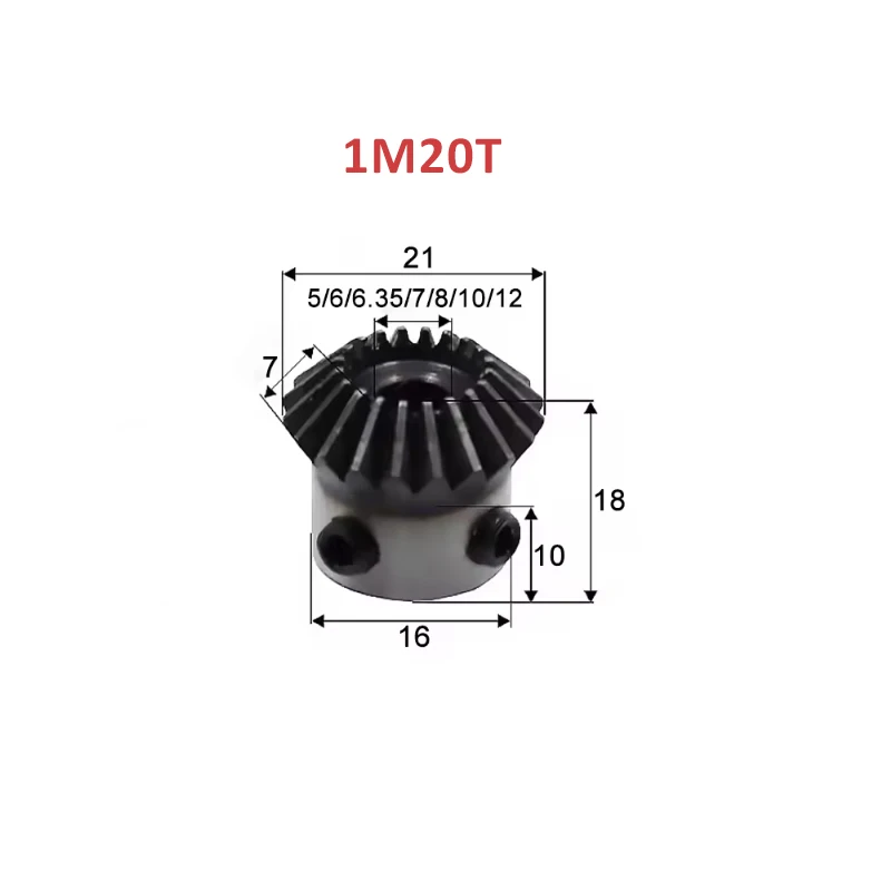 Bevel Gear 1M 20/25 Tooth Hole 5/6/6.35/7/8/10/12mm Standard Hole 45 Steel Tooth Surface Quenching Bevel Gear Screw Hole Fixed